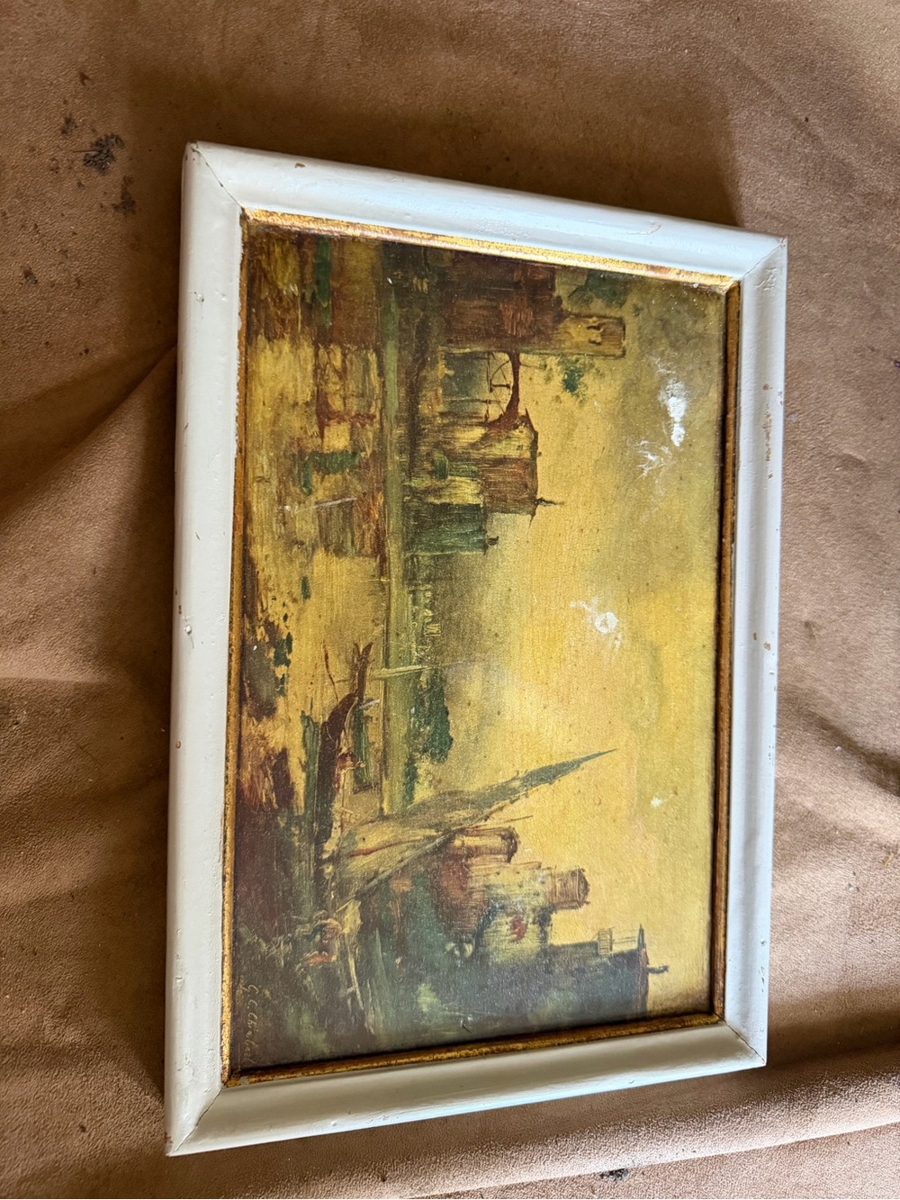 Vintage Coastal Oil Painting in Cream Frame